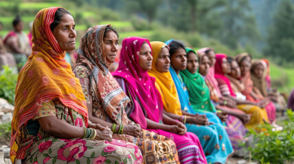 indian rural woman sitting together in line