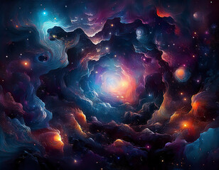 Fototapeta premium Dark Cosmic Nebula Illustration Abstract Space Scene with Ethereal Stars and Deep Galactic Background