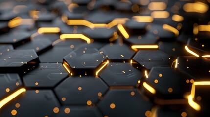 Fototapeta premium A close-up view of a hexagonal pattern with glowing edges, creating a futuristic and dynamic visual effect.