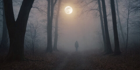 Fototapeta premium Nightmare zombie dead man in a dark night scary forest with fog and full moon