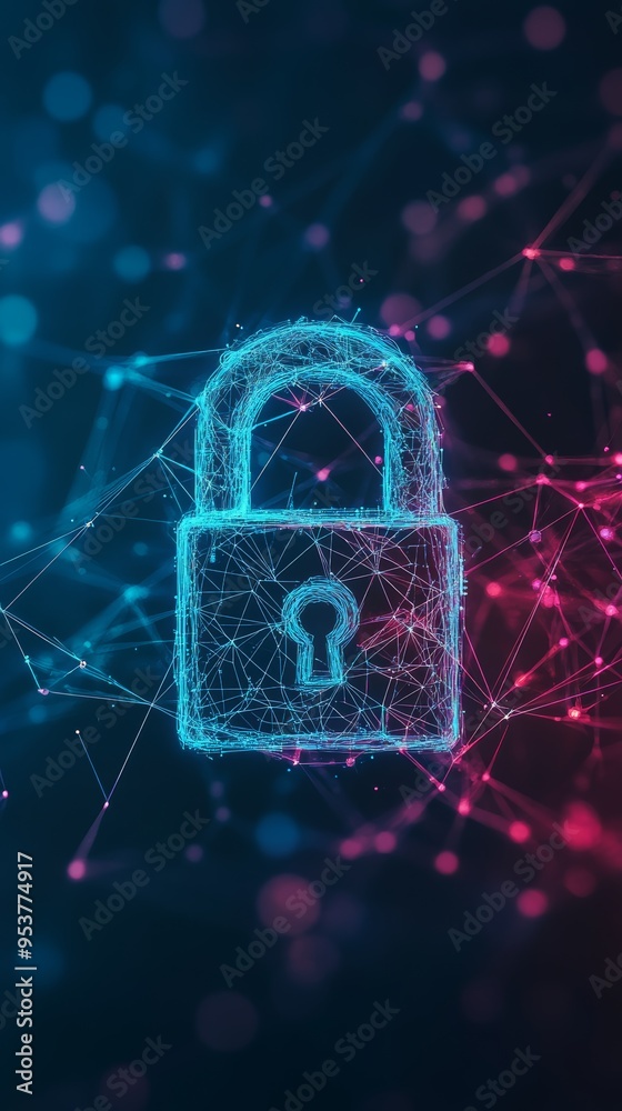 Poster Glowing blue lock icon in a network of digital connections representing cyber security. Digital safety and data protection concept.