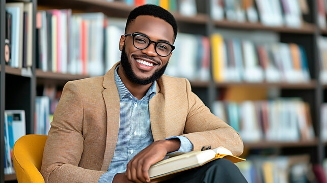 Smiling young African American man with open book seated before bookshelf. Concept of scholarly pursuit and book lover.