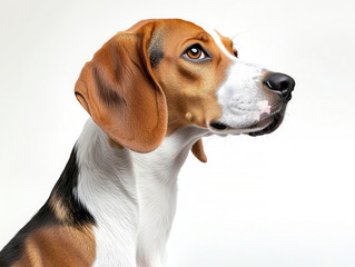 A close-up portrait of a beagle dog showcasing its distinctive features and expressive eyes against a light background.