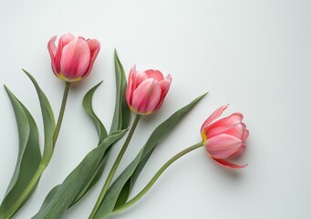 Fototapeta premium Three pink tulips with green leaves on a light backdrop, elegantly arranged to highlight their beauty and freshness
