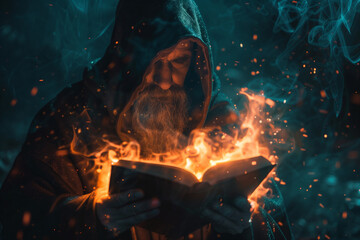 Warlock Reading a Book of Dark Sorcery and Cursed Magic with Forbidden Spells for Occult Fantasy Stories