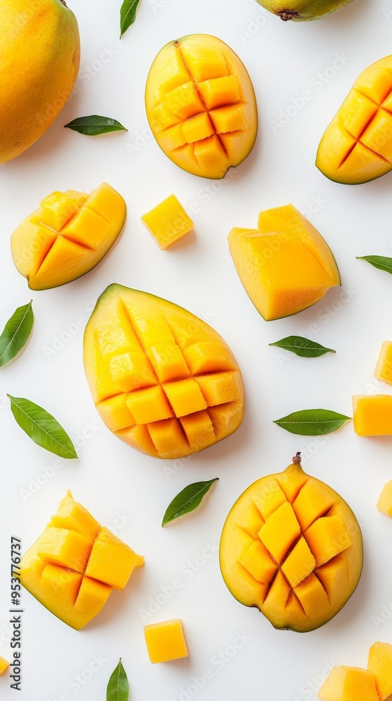 Aufkleber assorted mango slices and cubes with leaves on white background. ideal for summer recipes and desser