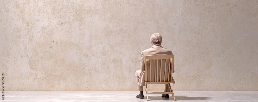 Wall mural a contemplative elderly man sitting alone on a chair, gazing thoughtfully at a blank wall in a minim