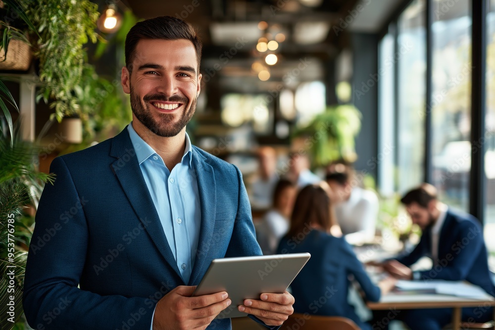 Aufkleber a sharply dressed businessman is engaging in a dynamic workplace, using a modern tablet to enhance p