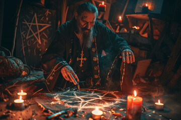 Satanic Ritual by Hooded Warlock Praying on Pentacle with Candles and Summoning Demonic Forces for Occult Stories