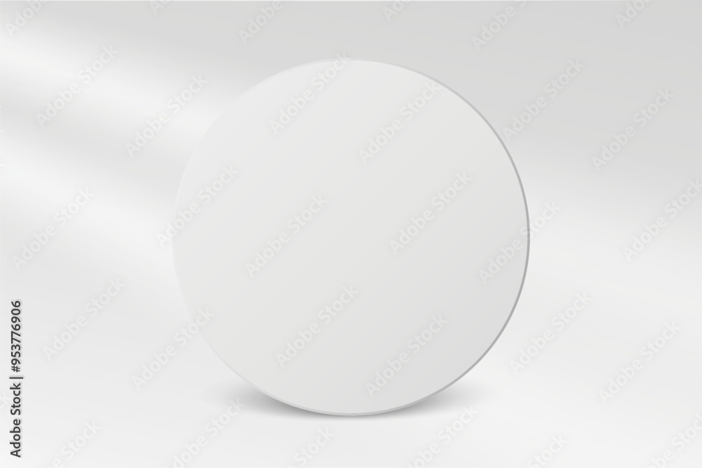 Poster empty white circle and window light blur on white wall, round empty 3d template for product presenta