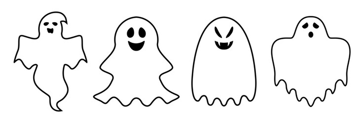 Ghost icons set. Cute ghost characters. Funny ghost signs. Design elements for logo, badges, banners, labels, posters