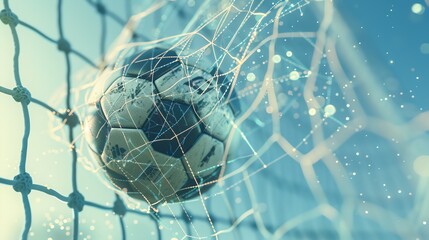Analytical image of a soccer ball flying towards a goal, soccer ball in prlet in the net