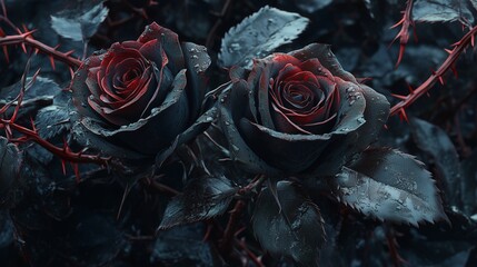 Two black roses, tainted with crimson. The soft petals and sharp thorns create a visually striking juxtaposition of beauty and danger.