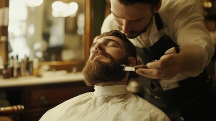 A Barber Shaving a Customer's Beard with a Straight Razor in a Traditional Barbershop