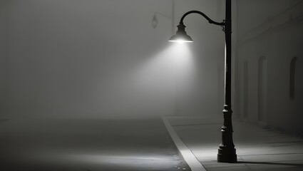 Black and white image of a street lamp shrouded in fog, creating a mysterious and atmospheric scene. GENERATIVE AI