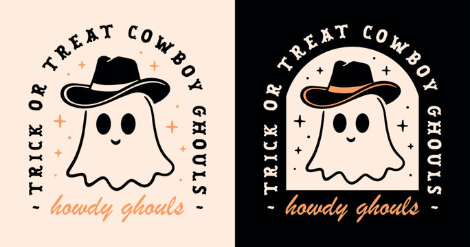 Halloween howdy ghouls cute ghost wearing a cowboy hat funny quotes trick or treat kids children girls squad shirt design. Retro vintage Wild West country aesthetic party theme printable cut file.