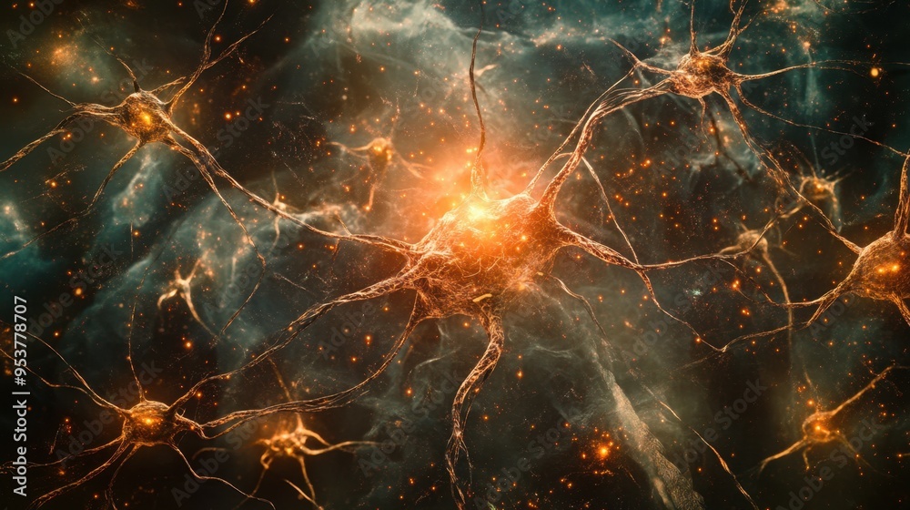 Fototapete synapses firing in an intricate network of interconnected neurons, showcasing brain activity. copy t