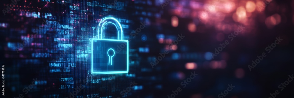 Aufkleber neon blue lock icon on a dark digital background representing data encryption and cyber protection.