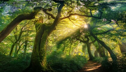 The trees are full of leaves and the sunlight is shining through the trees