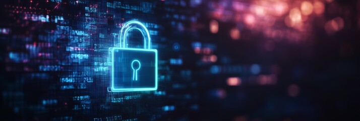 Neon blue lock icon on a dark digital background representing data encryption and cyber protection.