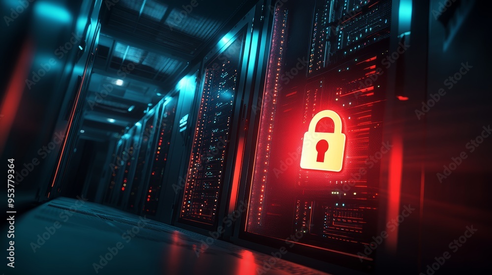 Poster digital servers with red and blue lighting featuring a glowing lock icon. emphasizing cybersecurity 