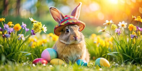 Adorable bunny rabbit wearing colorful Easter bonnet and holding painted egg, sitting amidst spring flowers and
