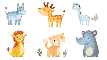 Six charming hand-drawn animals by a 3-year-old, isolated on a white background. The illustrations are filled with innocence and creativity, ideal for children's media.
