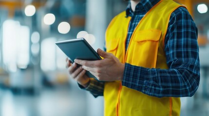 A worker in a safety vest uses a tablet in a modern warehouse setting, showcasing technology in logistics and inventory management.