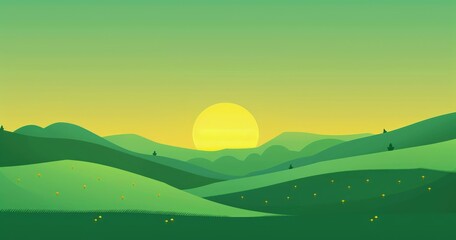 Fototapeta premium A serene landscape featuring rolling green hills and a large yellow sun setting in the background, evoking tranquility.