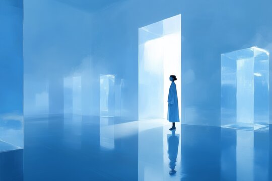 A surreal scene featuring a solitary figure silhouetted against a backdrop of large, semi-transparent blue monoliths.