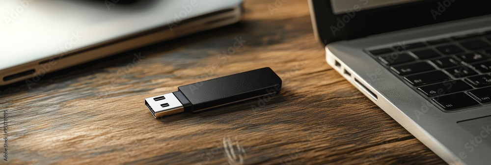 Poster Encrypted USB flash drive on a wooden desk next to a laptop. Emphasizing secure data storage and digital protection.