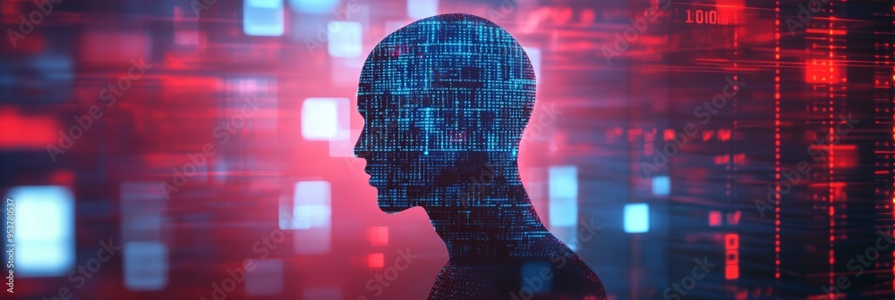 Aufkleber Futuristic digital face with pixelated binary code illustrating cyber security and technology protection.