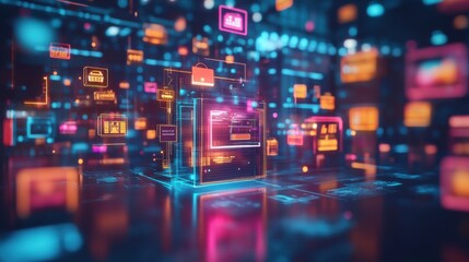 A vibrant digital landscape showcasing interconnected data nodes and colorful icons representing technology and innovation.