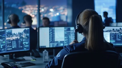 Modern 911 call center with police officers coordinating emergency responses, high-tech screens in view. Copy text space provided.