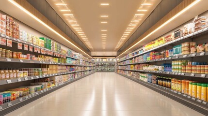 Fototapeta premium Long, well-lit supermarket aisle showcasing a variety of products, creating a sense of abundance. Copy text space available.