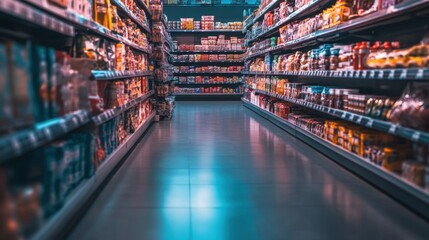 Long, well-lit supermarket aisle showcasing a variety of products, creating a sense of abundance. Copy text space available.