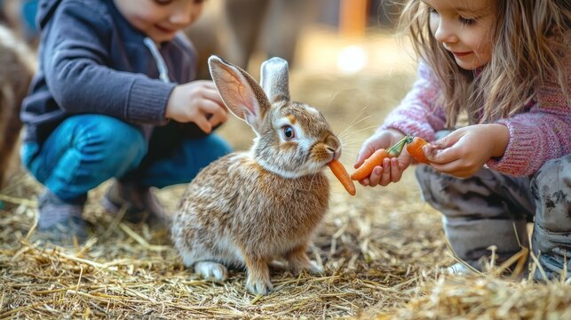 Kids feeding carrots to rabbits at a petting zoo, with soft straw underfoot and a warm atmosphere.