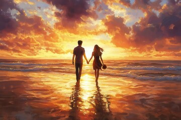 Fototapeta premium Romantic sunset beach walk with couple holding hands, bathed in golden light reflecting on waves and cloudy sky.