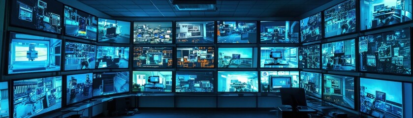 A high-tech control room filled with multiple screens displaying surveillance footage and data analysis.