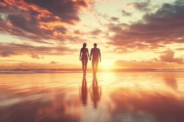 Silhouettes of a couple holding hands and walking on a beach at sunset with vibrant colors reflecting on the water.