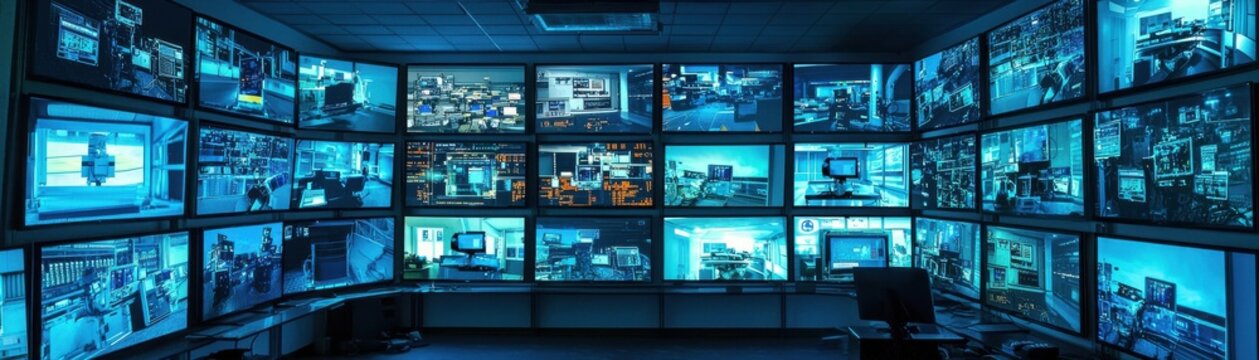 A high-tech control room filled with multiple screens displaying surveillance footage and data analysis.
