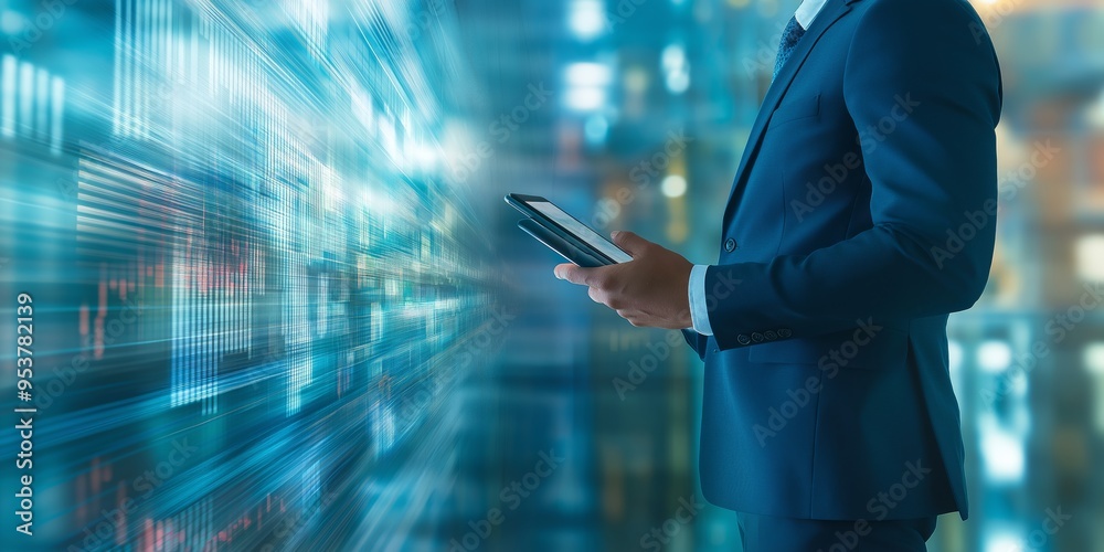 Poster A professional leverages digital technology in modern offices to boost efficiency and productivity via analytics and automation, fostering growth across sectors like finance and investment