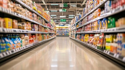 Fototapeta premium Diverse range of products displayed in a bright and spacious supermarket aisle. Ideal for retail themes. Copy text space provided.
