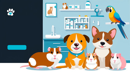 Fototapeta premium Cute cartoon pets, flat design veterinary clinic advertising banner
