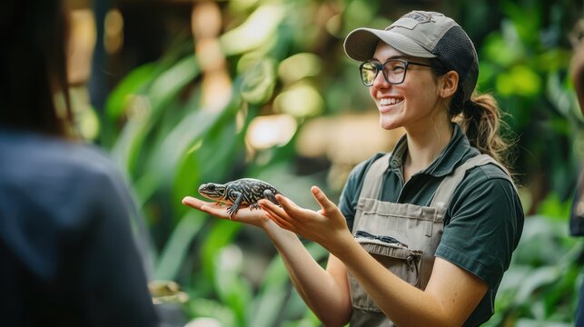A zoo keeper giving a guided tour, holding a small reptile while explaining its habits to visitors.