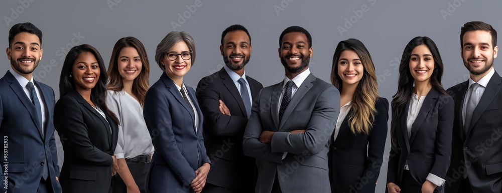 Poster a highly skilled and professional business team dressed in formal corporate attire, exuding confiden