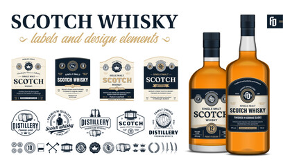 Vector blue and beige premium quality scotch whisky labels. Realistic scotch whisky glass bottle mockups. Distillery branding and identity design elements