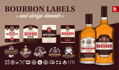 Vector brown, beige and red premium quality bourbon whiskey labels. Realistic bourbon whiskey glass bottle mockups. Distillery branding and identity design elements
