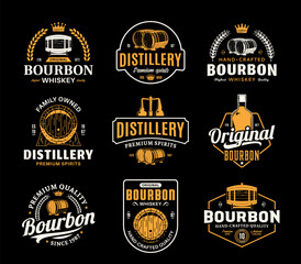 Vector white and yellow vintage bourbon whiskey logo isolated on a black background for distillery, bar, pub branding, design and identity