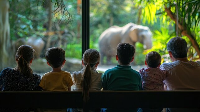 Parents and children watching a zoo animal show, with the kids on the edge of their seats in excitement.